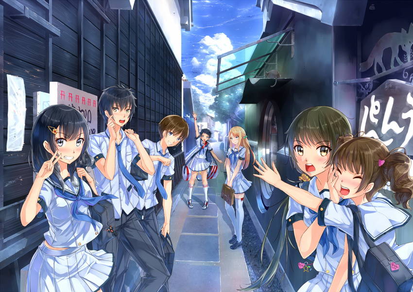 5girls black_hair blonde_hair blue_eyes brown_eyes brown_hair closed_eyes highres kazeno long_hair multiple_boys multiple_girls necktie original school_uniform serafuku thighhighs v