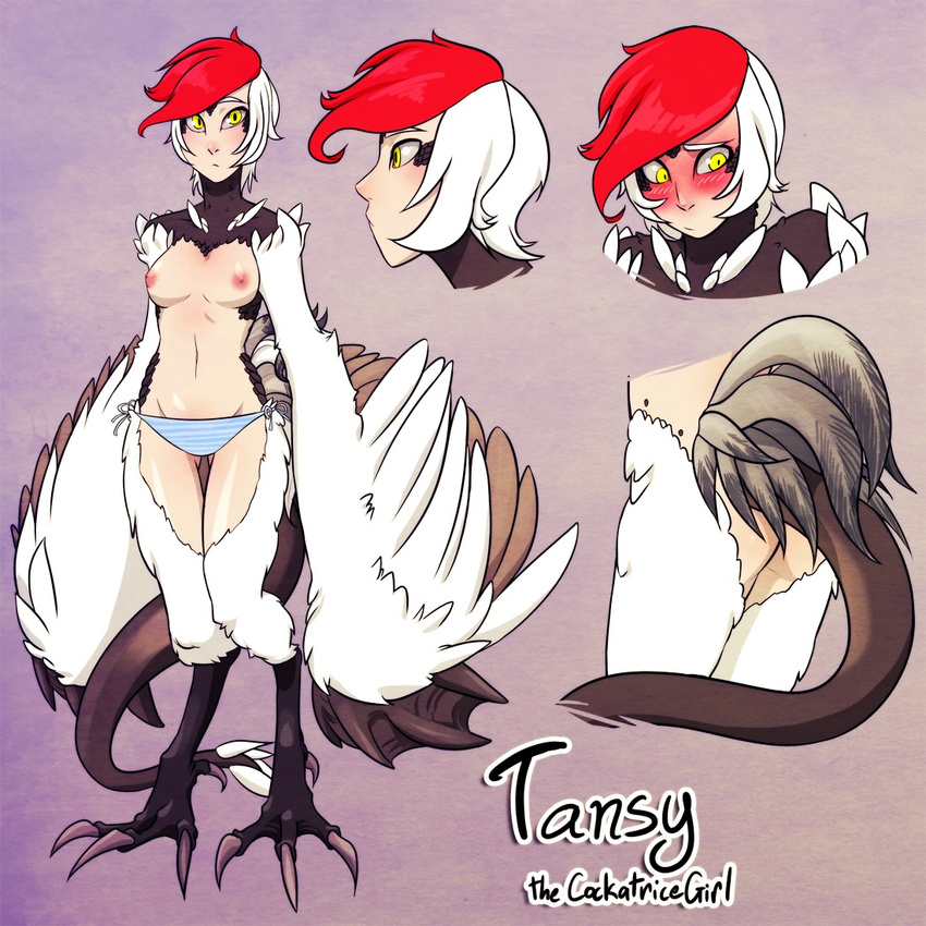 avian breasts ch&acirc;teau_de_monster clothed clothing cockatrice digitigrade feathers female hair half-dressed harpy model_sheet monster monster_girl multicolored_hair my_pet_tentacle_monster panties partially_clothed red_hair scales tansy_(ch&acirc;teau_de_monster) topless two_tone_hair underwear white_hair wings yellow_eyes