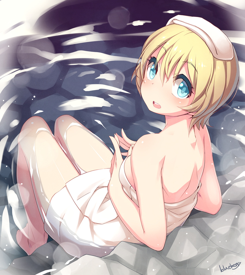 artist_name barefoot blonde_hair blue_eyes blueberry_(5959) breasts from_behind highres looking_back medium_breasts naked_towel onsen open_mouth original short_hair sitting solo towel towel_on_head water wet