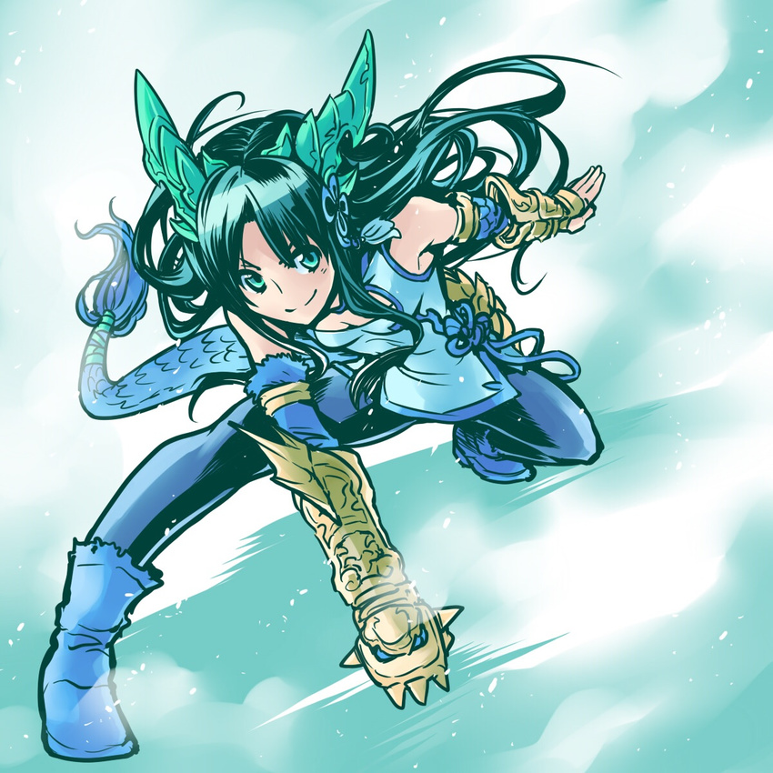 aqua_eyes black_hair black_legwear blue_dress brass_knuckles breasts china_dress chinese_clothes cleavage dragon_girl dragon_horns dragon_tail dress gauntlets highres horns ishiyumi karin_(p&amp;d) long_hair pantyhose puzzle_&amp;_dragons small_breasts smile solo spiked_knuckles tail weapon