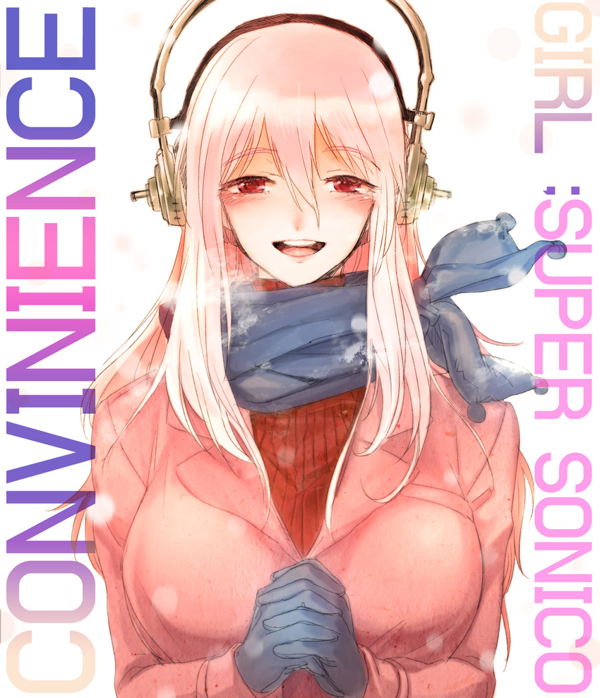 bad_id bad_pixiv_id blue_scarf blush breasts commentary_request gloves headphones highres hood hoodie interlocked_fingers large_breasts long_hair looking_at_viewer nitroplus open_mouth pink_hair red_eyes ribbed_sweater scarf solo super_sonico sweater takigi