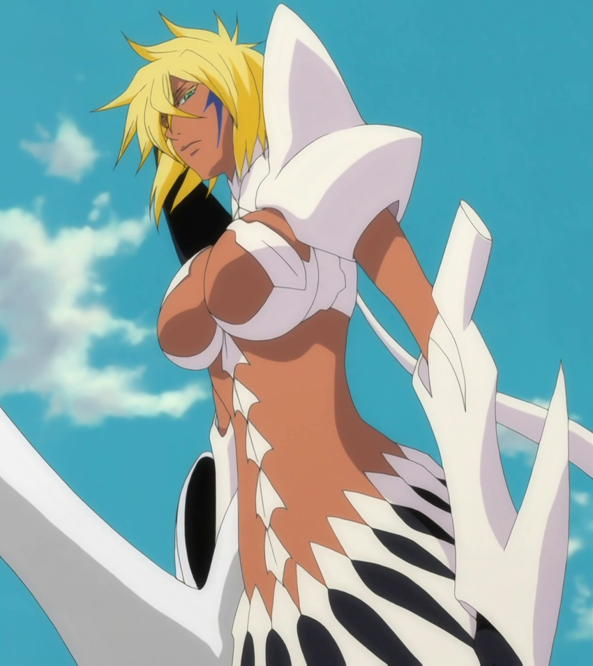 1girl arrancar bleach blonde_hair breasts cloud dark_skin espada female green_eyes resurreccion screencap skirt sky solo stitched tier_harribel