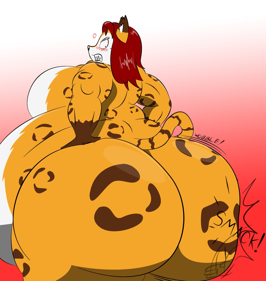 2015 americananomaly_(artist) angry anthro belly big_belly big_breasts big_thighs breasts canine dog feline female hair jiggle lynx lynxuki mammal musclegut muscles nude obese overweight red_hair riley_o'shane saluki slap smack wide_hips wobble