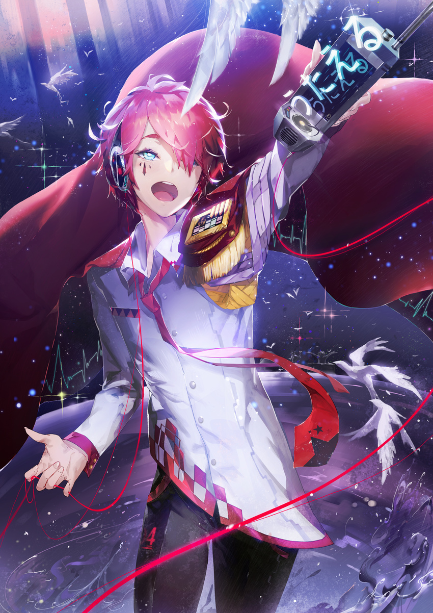 bad_id bad_pixiv_id bird blue_eyes cable cape cowboy_shot dove epaulettes facial_mark fukase hair_over_one_eye headphones highres hong male_focus marking_on_cheek messy_hair necktie open_mouth original red_string solo string vocaloid walkie-talkie