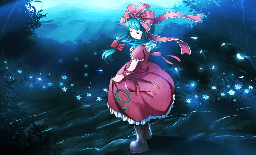 arm_ribbon bow closed_eyes dress flower front_ponytail green_hair hair_bow highres kagiyama_hina puffy_short_sleeves puffy_sleeves red_dress ribbon risutaru short_sleeves smile solo touhou