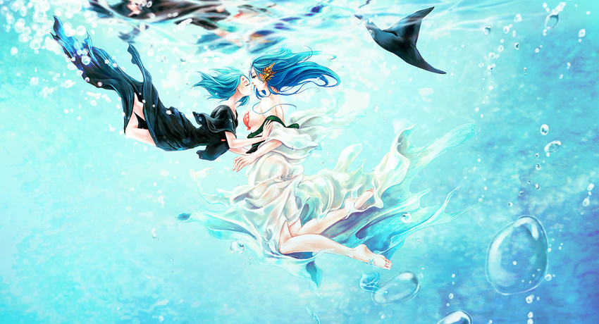 aqua_hair barefoot blue_hair breasts closed_eyes dual_persona face-to-face hat hat_removed headwear_removed highres large_breasts long_hair magi_the_labyrinth_of_magic multiple_girls nemu_(noibla) seashell shell short_hair sideboob time_paradox underwater witch_hat yamuraiha yuri