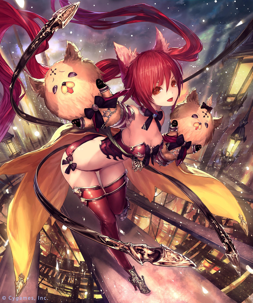 :d absurdres animal_ears armor bikini boots breasts brown_eyes butt_crack cerberus_(shingeki_no_bahamut) cleavage detached_collar gauntlets gloves hair_between_eyes hand_puppet high_heel_boots high_heels highres leaning_forward long_hair medium_breasts open_mouth outdoors outstretched_arm paw_gloves paws puppet red_armor red_hair red_legwear shingeki_no_bahamut side-tie_bikini smile snowing solo standing standing_on_one_leg swimsuit tachikawa_mushimaro thigh_boots thighhighs twintails very_long_hair