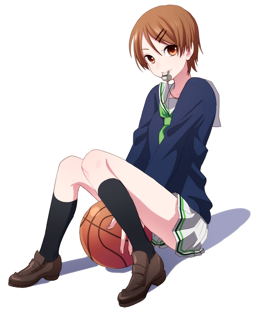 aida_riko basketball brown_eyes brown_hair hair_ornament hairclip highres kuroko_no_basuke musco school_uniform short_hair solo whistle