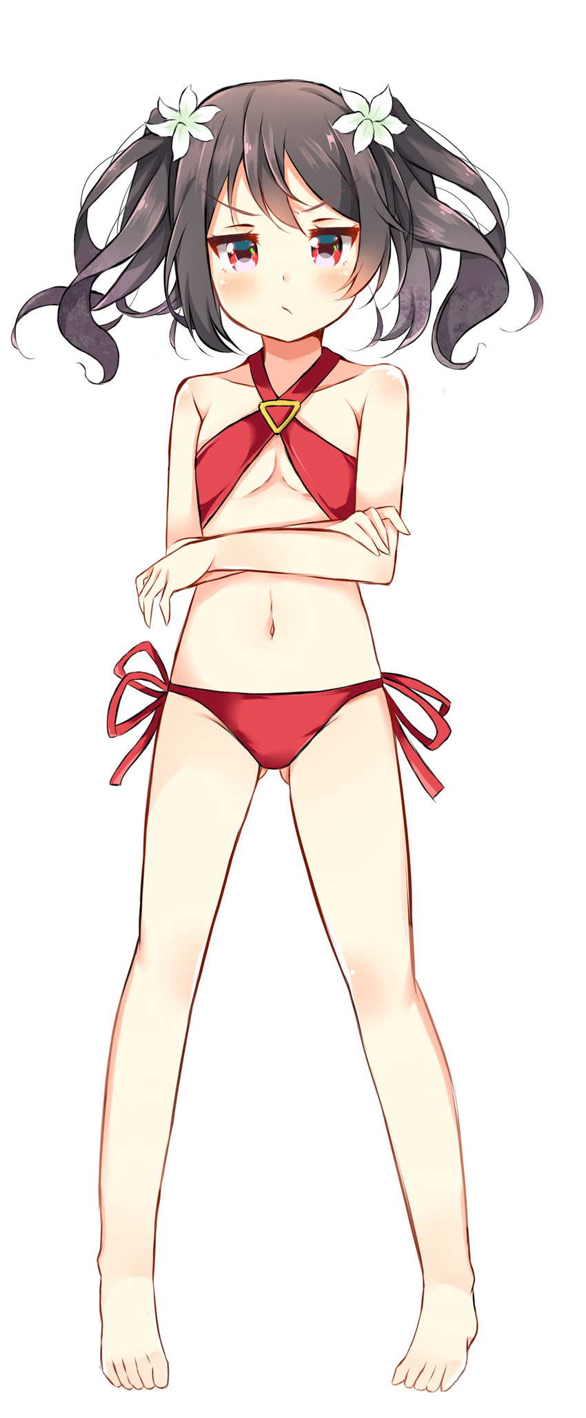 absurdres ass_visible_through_thighs bad_id bad_pixiv_id barefoot bikini black_hair bow crossed_arms cutie_panther dorisu2 full_body furrowed_eyebrows hair_bow highres looking_at_viewer love_live! love_live!_school_idol_project red_eyes short_hair simple_background solo swimsuit twintails white_background yazawa_nico