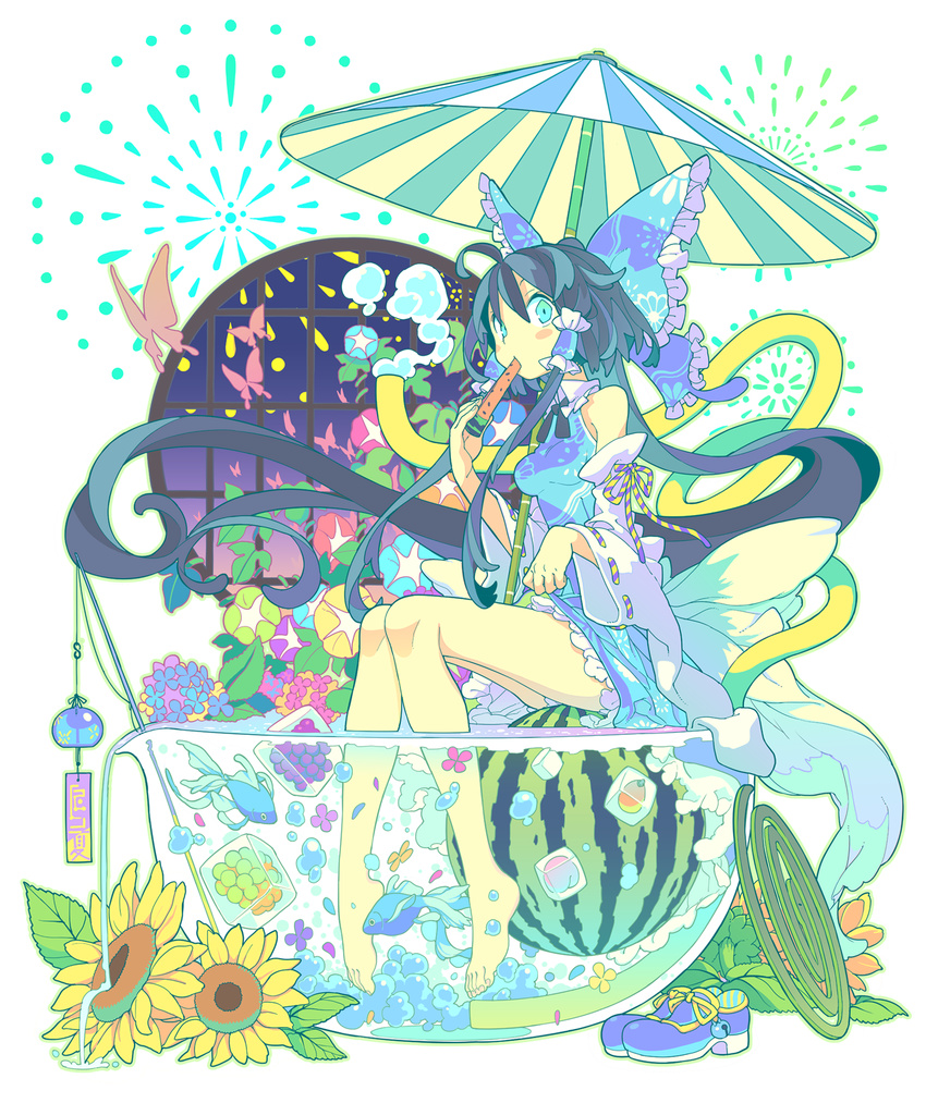 absurdly_long_hair alternate_color barefoot black_hair blue_dress blue_eyes bow bug butterfly detached_sleeves dress fireworks fish fishing_rod flower food fruit goldfish hair_bow hair_tubes hakurei_reimu highres hose insect long_hair long_sleeves looking_at_viewer morino_hon parasol player_2 ponytail popsicle revision ribbon-trimmed_sleeves ribbon_trim shoes_removed sitting sitting_on_object soaking_feet solo spilling sunflower touhou tub umbrella very_long_hair water watermelon watermelon_bar white_sleeves wide_sleeves wind_chime