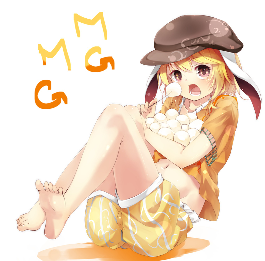 animal_ears barefoot blonde_hair bunny_ears dango eating feet flat_cap floppy_ears food gorilla_(bun0615) hat highres looking_at_viewer mg_mg midriff navel object_hug open_mouth orange_shirt pink_eyes ringo_(touhou) shirt shorts skewer solo touhou wagashi