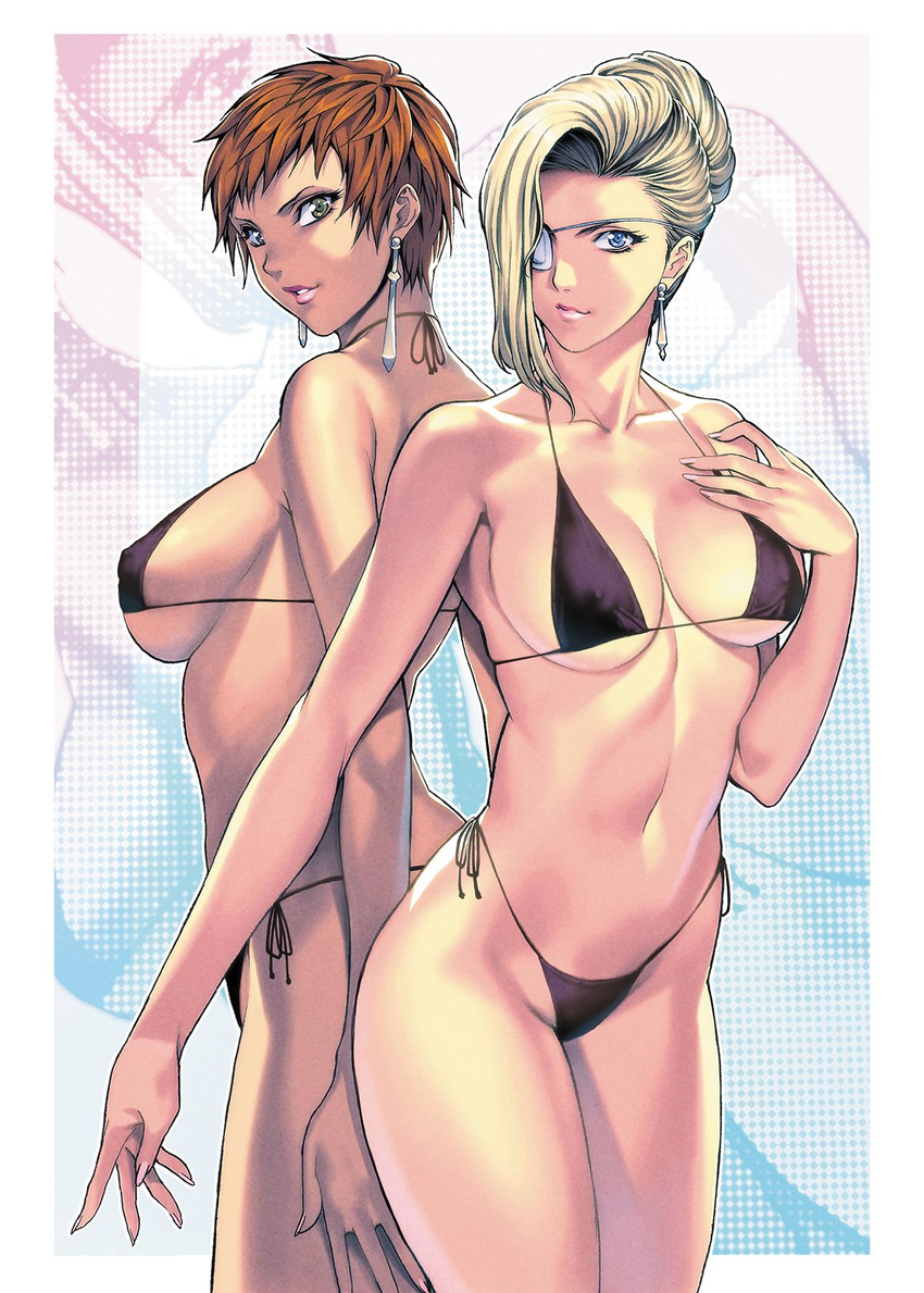 bikini blonde_hair blue_eyes breasts brown_eyes covered_nipples earrings eyepatch highleg highleg_bikini highleg_swimsuit highres homare_(fool's_art) jewelry large_breasts looking_at_viewer looking_back mature_(kof) multiple_girls navel parted_lips red_hair smile swimsuit the_king_of_fighters vice