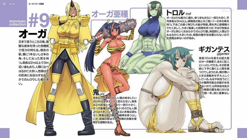 :d abs black_hair blonde_hair blush boots breasts brown_eyes cleavage club covered_nipples dark_skin detached_sleeves elbow_pads end_card giantess gigantes_(monster_musume) green_eyes green_hair green_skin grey_skin horn horns huge_breasts kinu_(monster_musume) knee_pads leg_hug long_hair monster_musume_no_iru_nichijou multiple_girls muscle muscular_female navel official_art ogre okayado oni open_mouth pointy_ears ponytail red_eyes red_oni red_skin sandals short_hair sideboob sitting small_breasts smile spiked_club tiger_stripes tionishia translated troll troll_(monster_musume) tusks uniform very_long_hair weapon