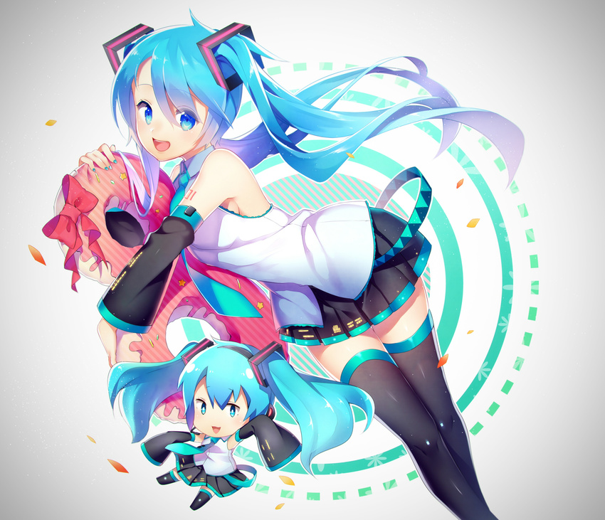 bare_shoulders black_legwear blue_eyes blue_hair chibi detached_sleeves doughnut food hair_ornament hatsune_miku highres long_hair long_sleeves multiple_girls necktie niwashi_(yuyu) number open_mouth shirt skirt sleeves_past_wrists smile tattoo thighhighs twintails very_long_hair vocaloid wide_sleeves zettai_ryouiki