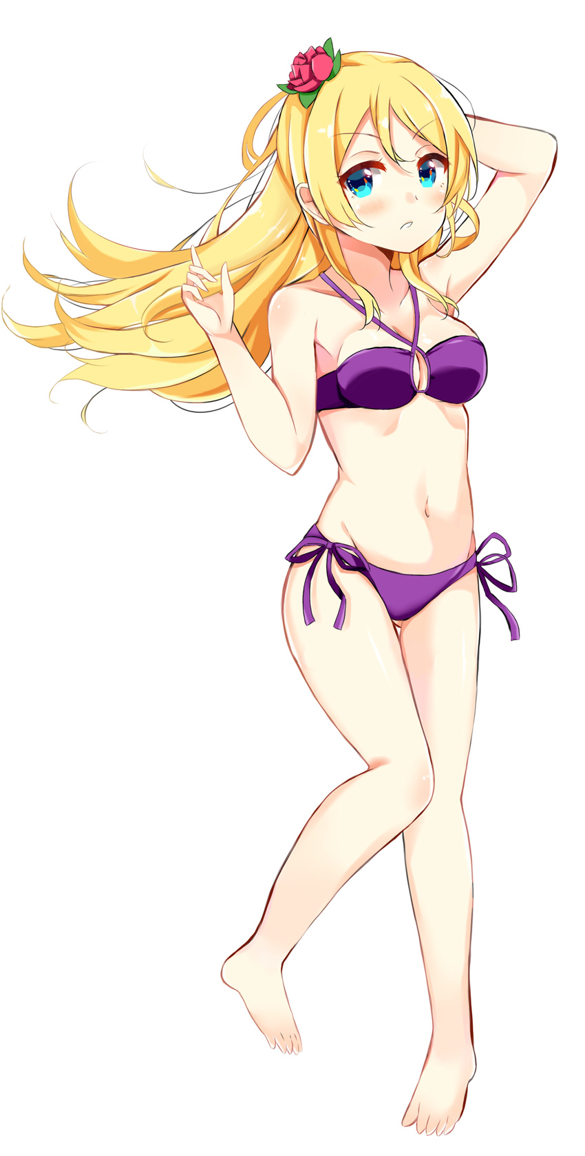 absurdres ayase_eli bad_id bad_pixiv_id barefoot bikini blonde_hair blue_eyes breasts criss-cross_halter cutie_panther dorisu2 full_body halter_top halterneck highres long_hair love_live! love_live!_school_idol_project medium_breasts purple_bikini side-tie_bikini simple_background solo swimsuit