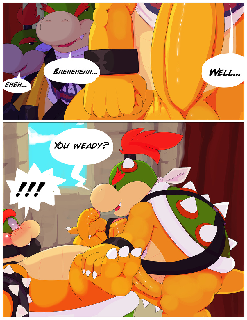 ! ... ? anthro ball_gag balls barefoot bib big_nose big_penis blush bowser bowser_jr. claws close-up comic dialogue dragon english_text erection father gag hair half-closed_eyes hi_res holding_penis hybrid imminent_sex incest koopa looking_back looking_down looking_up lying male male/male mario_bros nintendo nude on_back open_mouth parent penis penis_grab question redemption3445 reptile scalie sex_toy sharp_claws sharp_teeth smile son spikes teeth text thick_penis toe_claws turtle uncut video_games