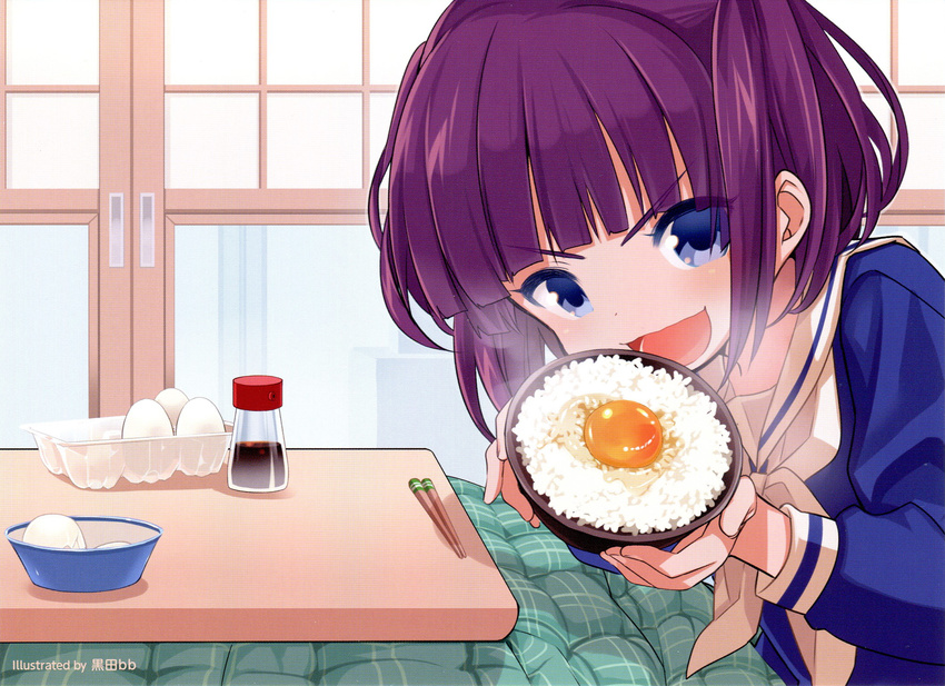 :d artist_name bangs blue_eyes blunt_bangs bottle bowl chopsticks egg egg_carton food highres holding indoors kotatsu koufuku_graffiti kuroda_bb long_sleeves looking_at_viewer morino_kirin open_mouth purple_hair rice school_uniform serafuku short_twintails smile solo soy_sauce table tamagokake_gohan twintails v-shaped_eyebrows window