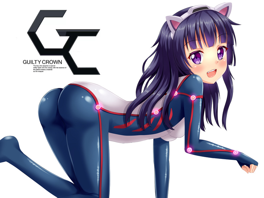 :d all_fours animal_ears ass blush bodysuit cat_ears fake_animal_ears fast-runner-2024 guilty_crown highres looking_at_viewer open_mouth purple_eyes purple_hair skin_tight smile solo tsugumi_(guilty_crown)