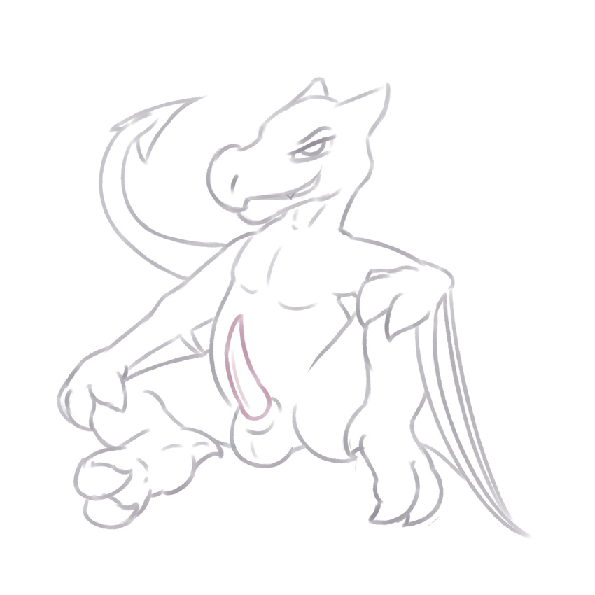 aerodactyl anthro balls erection invalid_tag looking_at_viewer male nintendo nude penis pok&eacute;mon posexe simple_background smile solo video_games white_background