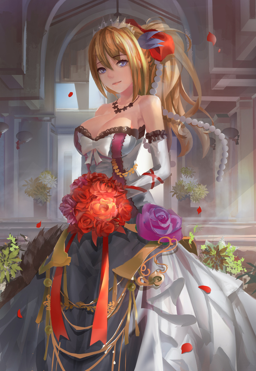 absurdres bare_shoulders blonde_hair blue_eyes bouquet bow breasts bride church cleavage dress elbow_gloves flower gloves hair_bow hair_ornament highres indoors jewelry large_breasts lexington_(zhan_jian_shao_nyu) light_rays magician_(china) mecha_musume necklace pearl personification petals plant ponytail revision solo strapless strapless_dress tiara wedding_dress white_gloves zhan_jian_shao_nyu