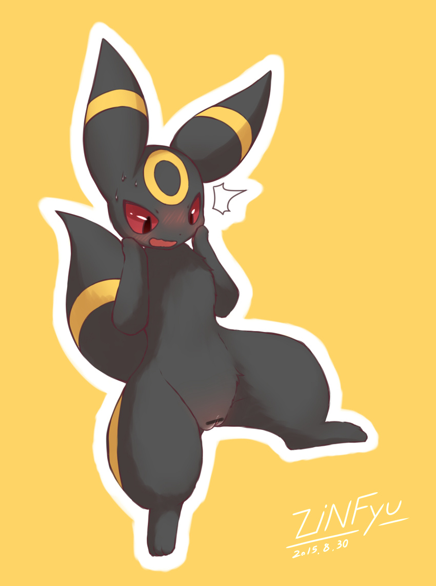 2015 blush canine eeveelution female feral fur mammal nintendo open_mouth pok&eacute;mon pussy shocked simple_background solo umbreon video_games zinfyu