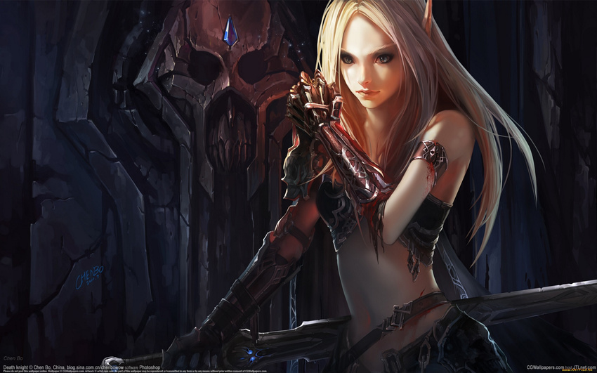 armor blonde_hair blood blood_elf chenbo gloves grey_eyes highres long_hair navel pointy_ears signature skull solo sword warcraft watermark weapon web_address world_of_warcraft