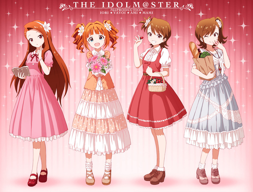 basket blue_eyes book bottle bouquet bracelet broccoli brown_footwear brown_hair fashion finger_to_cheek flower food frilled_legwear fruit futami_ami futami_mami grin hair_flower hair_ornament hairband highres idolmaster idolmaster_(classic) jewelry key_necklace loaf_of_bread looking_at_viewer mary_janes minase_iori multiple_girls one_eye_closed open_mouth orange_hair outsider_0 red_eyes red_footwear revision ribbon shoes siblings side_ponytail sisters smile sparkle strawberry takatsuki_yayoi twins twintails wine_bottle