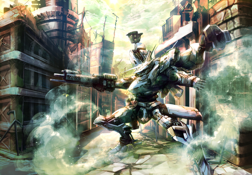 armored_core:_for_answer cloud cloudy_sky commentary_request day fog gun highres masayoshi mecha no_humans sky sunlight town weapon white_glint