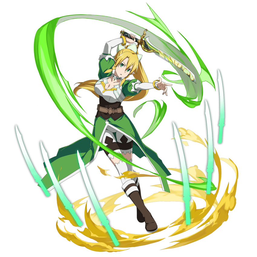 10s 1girl blonde_hair breasts cleavage collar collarbone green_eyes hair_ornament highres leafa long_hair looking_at_viewer official_art open_mouth pointy_ears simple_background solo sword_art_online sword_art_online:_code_register white_background white_legwear