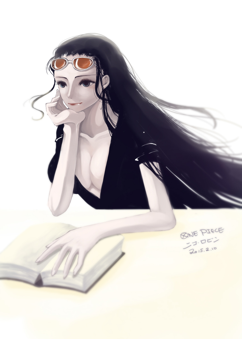 1girl black_eyes black_hair black_shirt book breasts center_opening chin_rest collarbone eyelashes female glasses glasses_on_head hair_slicked_back long_hair looking_to_the_side nico_robin one_piece open_book reading revealing_clothes shirt short_sleeves simple_background solo sunglasses sunglasses_on_head upper_body white_background