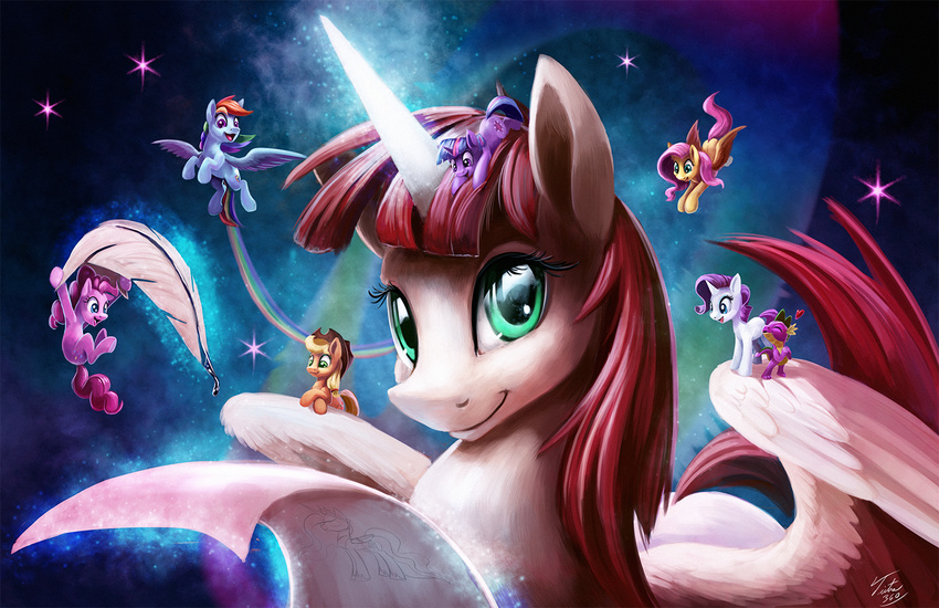 &lt;3 2015 applejack_(mlp) blue_eyes cowboy_hat dragon equine feathers female fluttershy_(mlp) flying friendship_is_magic group hair hat horn horse lauren_faust_(character) loose_feather male mammal my_little_pony paper pegasus pinkie_pie_(mlp) pony quill rarity_(mlp) red_hair sparkles spike_(mlp) tsitra360 twilight_sparkle_(mlp) unicorn winged_unicorn wings