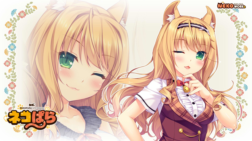 ;3 animal_ears bell blonde_hair blush bow bowtie cat_ears cat_tail copyright_name floral_background green_eyes hand_on_own_chin headdress highres jingle_bell long_hair looking_at_viewer maple_(sayori) nekopara one_eye_closed open_mouth sayori slit_pupils solo tail wallpaper zoom_layer
