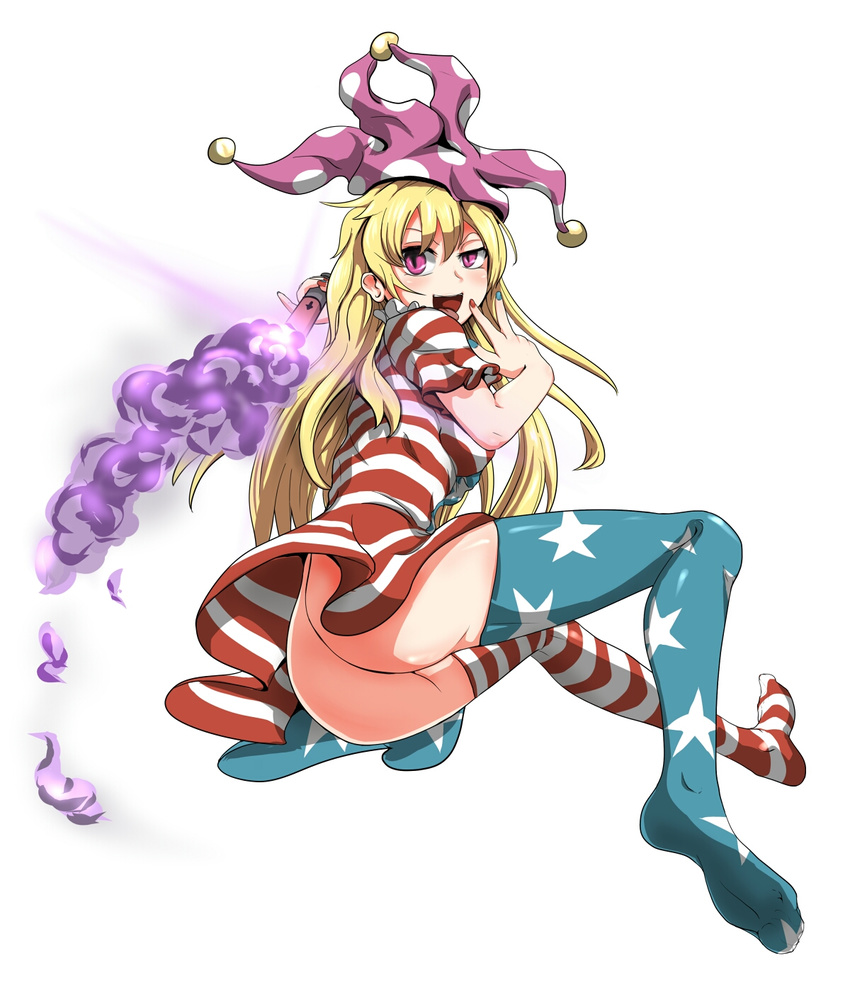 :d alternate_legwear american_flag_dress american_flag_legwear ass blonde_hair clownpiece feet full_body hat highres jester_cap long_hair looking_at_viewer nail_polish no_panties open_mouth pink_eyes short_sleeves smile solo thighhighs tongue tongue_out torch touhou w white_background yaruku