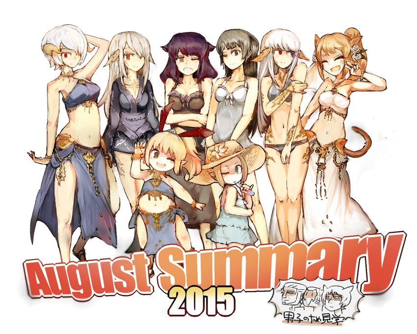 6+girls artist_request au_ra bikini breasts cat_ears cat_tail cleavage dragon_tail final_fantasy final_fantasy_xiv horns hyur lalafell midriff miqo'te miqo'te multiple_girls navel sarong simple_background swimsuit tail yoshioka_yoshiko