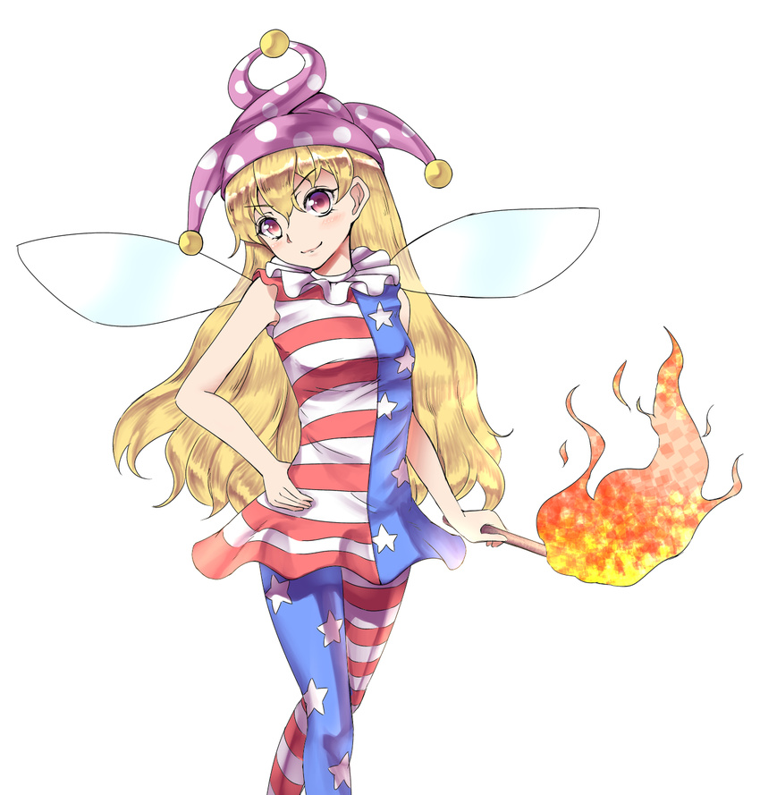 &gt;:) american_flag_dress american_flag_legwear blonde_hair blush breasts clownpiece commentary dress fairy_wings fire frilled_shirt_collar frills hat highres jester_cap long_hair neck_ruff orinpachu red_eyes sleeveless sleeveless_dress small_breasts smile solo striped striped_dress torch touhou v-shaped_eyebrows wavy_hair wings