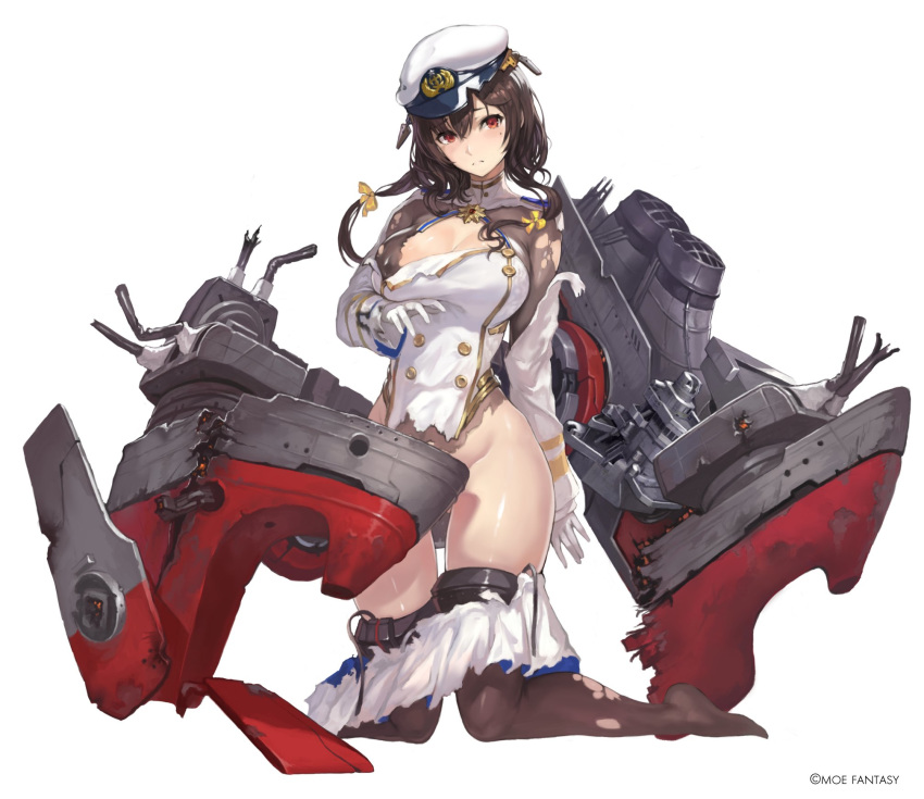 1girl ass_visible_through_thighs black_hair black_legwear bottomless breasts cleavage convenient_censoring frown full_body garter_straps gloves hair_ribbon hat highres kneeling kurama_(steelblue_mirage) large_breasts long_sleeves looking_at_viewer mecha_musume military_hat mole mole_under_eye red_eyes ribbon simple_background skirt skirt_pull solo steelblue_mirage thighhighs torn_clothes turret white_background white_gloves yoshiku_(oden-usagi)