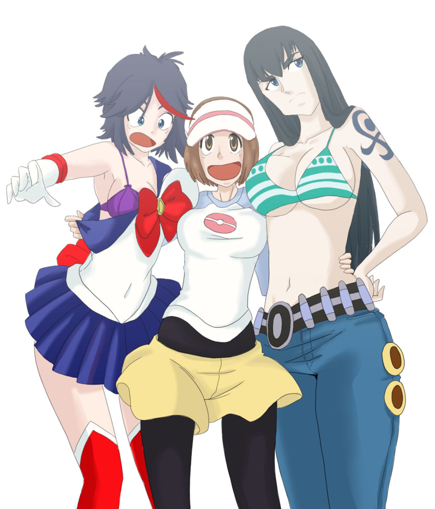 3girls bikini bishoujo_senshi_sailor_moon black_hair bra breasts brown_hair cosplay gloves hat kill_la_kill kiryuuin_satsuki large_breasts long_hair mankanshoku_mako matoi_ryuuko mei_(pokemon) mei_(pokemon)_(cosplay) multicolored_hair multiple_girls nami_(one_piece) nami_(one_piece)_(cosplay) one_piece pokemon sailor_moon sailor_moon_(cosplay) short_hair simple_background smile swimsuit tattoo underwear