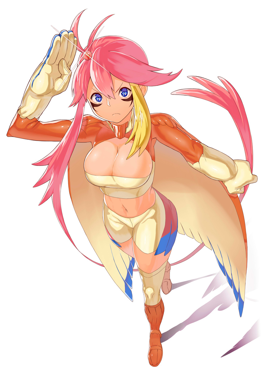 absurdres alternate_hair_color blue_eyes boots breasts cape cleavage cosplay from_above frown fuuro_(pokemon) gen_1_pokemon gloves highres knee_boots large_breasts mega_pidgeot mega_pokemon midriff navel orange_footwear pidgeot pink_hair pokemon pokemon_(game) pokemon_bw solo toranoe