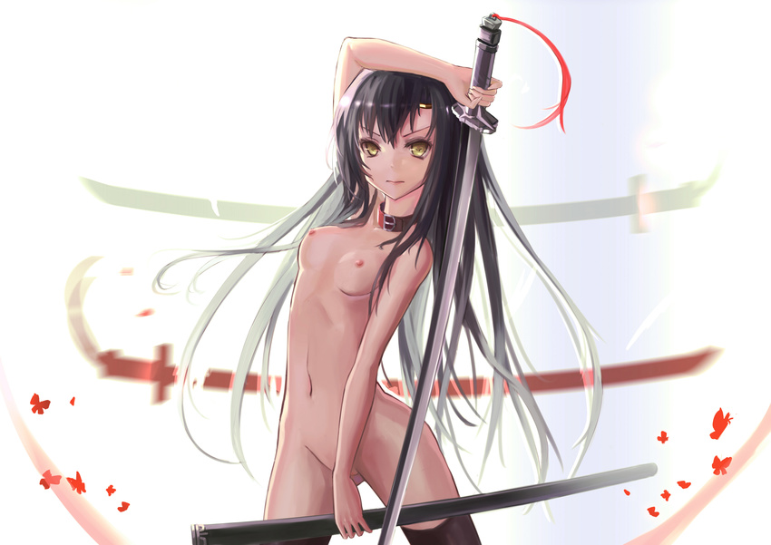 absurdres arm_up black_hair black_legwear breasts circlet highres katana letterboxed long_hair nipples nude original revision sheath silhouette small_breasts solo sword thighhighs wangchuan_de_quanyan weapon yellow_eyes