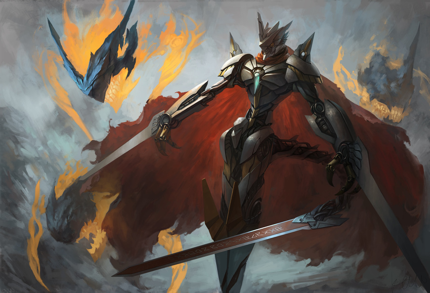 alessandro_jie arm_blade armor blade cape claws digimon fire highres jesmon no_humans spike sword tail weapon