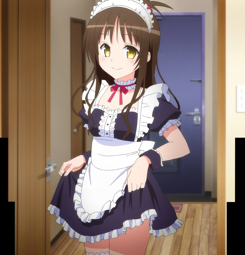 apron brown_hair gold_eyes long_hair maid maid_apron maid_headdress screencap skirt_lift thighhighs to_love-ru to_love-ru_darkness to_love-ru_darkness_2nd yellow_eyes yuuki_mikan