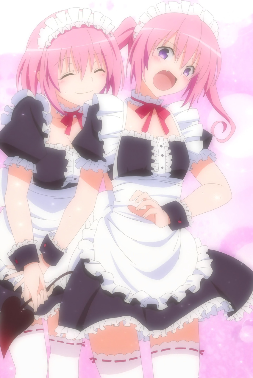 blush gradient gradient_background maid maid_headdress momo_velia_deviluke multiple_girls nana_asta_deviluke pink_hair purple_eyes ribbon screencap siblings sisters stitched tail tail_grab thighhighs to_love-ru to_love-ru_darkness to_love-ru_darkness_2nd twins violet_eyes wrist_cuffs zettai_ryouiki