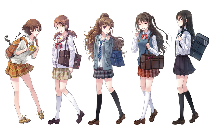 :d ^_^ backpack bag black_legwear brown_eyes brown_hair closed_eyes dress_shirt flying_sweatdrops from_side green_eyes highres honda_mio hood hoodie houjou_karen idolmaster idolmaster_cinderella_girls kamiya_nao kneehighs loafers long_hair multiple_girls necktie no_socks one_side_up open_clothes open_hoodie open_mouth plaid plaid_skirt pleated_skirt red_eyes school_bag school_uniform shibuya_rin shimamura_uzuki shirt shoes short_hair simple_background skirt sleeves_pushed_up smile sneakers sweater_vest white_legwear yakka