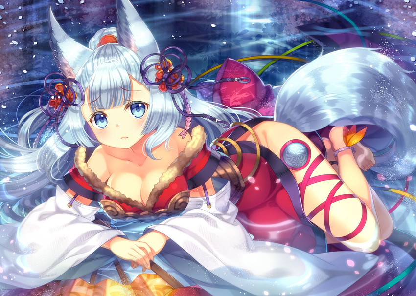 animal_ears anklet barefoot blue_eyes blush breasts capura_lin cleavage detached_sleeves erune fan folding_fan granblue_fantasy hair_ribbon jewelry large_breasts long_hair looking_at_viewer ponytail revision ribbon silver_hair socie_(granblue_fantasy) solo tail very_long_hair water wolf_ears wolf_tail