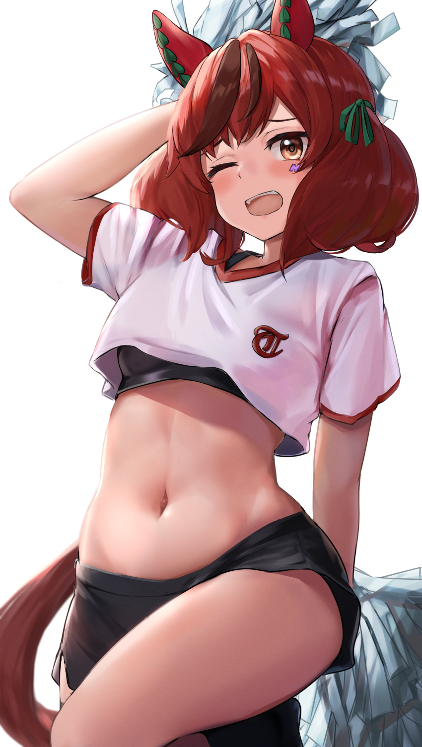 1girl absurdres animal_ears arm_up blush breasts cheerleader highres horse_ears horse_girl horse_tail medium_breasts medium_hair miyama_mizuki_(hoshihoshi1220) navel nice_nature_(umamusume) one_eye_closed open_mouth pom_pom_(cheerleading) red_hair simple_background skirt solo sports_bra tail umamusume white_background