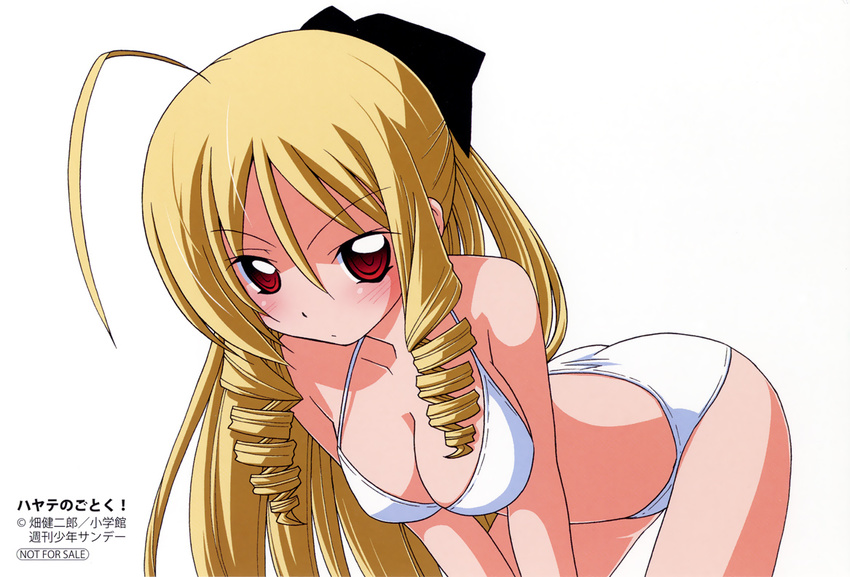 all_fours bikini blonde_hair breasts cleavage drill_hair hata_kenjirou hayate_no_gotoku! long_hair medium_breasts ponytail red_eyes solo swimsuit tennousu_athena