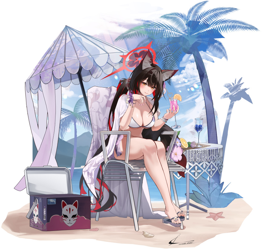 1girl absurdres animal_ear_fluff animal_ears beach_chair bead_bracelet beads bikini black_hair blue_archive blush bracelet breasts cleavage cup flower fox_ears fox_girl fox_mask fox_tail full_body hair_flower hair_ornament halo highres holding holding_cup jewelry large_breasts long_hair looking_at_viewer luenar mask navel outdoors palm_tree red_halo sand sandals sitting smile solo string_bikini swimsuit tail tail_flower tail_ornament thigh_strap tree umbrella wakamo_(blue_archive) wakamo_(swimsuit)_(blue_archive) white_bikini yellow_eyes