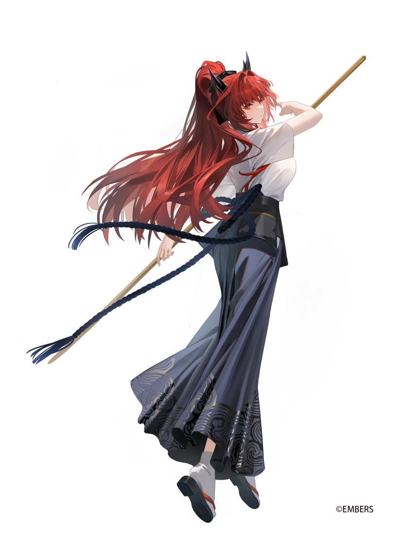 1girl absurdres ash_arms black_horns blue_hakama character_request commentary_request fighting_stance from_behind full_body hair_intakes hakama hakama_pants high_ponytail highres holding holding_staff horns japanese_clothes long_hair orange_eyes pants red_hair renlili rope shirt slippers socks solo staff uwagi white_background white_shirt white_socks