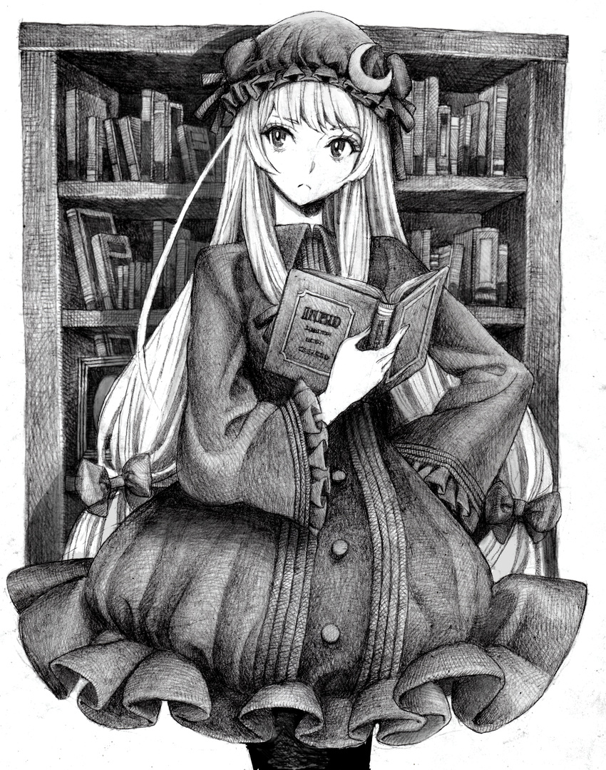 :&lt; book bookshelf bow buttons crescent eyelashes greyscale hair_bow hair_ribbon hand_on_hip hat head_tilt highres long_hair monochrome nobita patchouli_knowledge ribbon robe sidelocks solo standing touhou