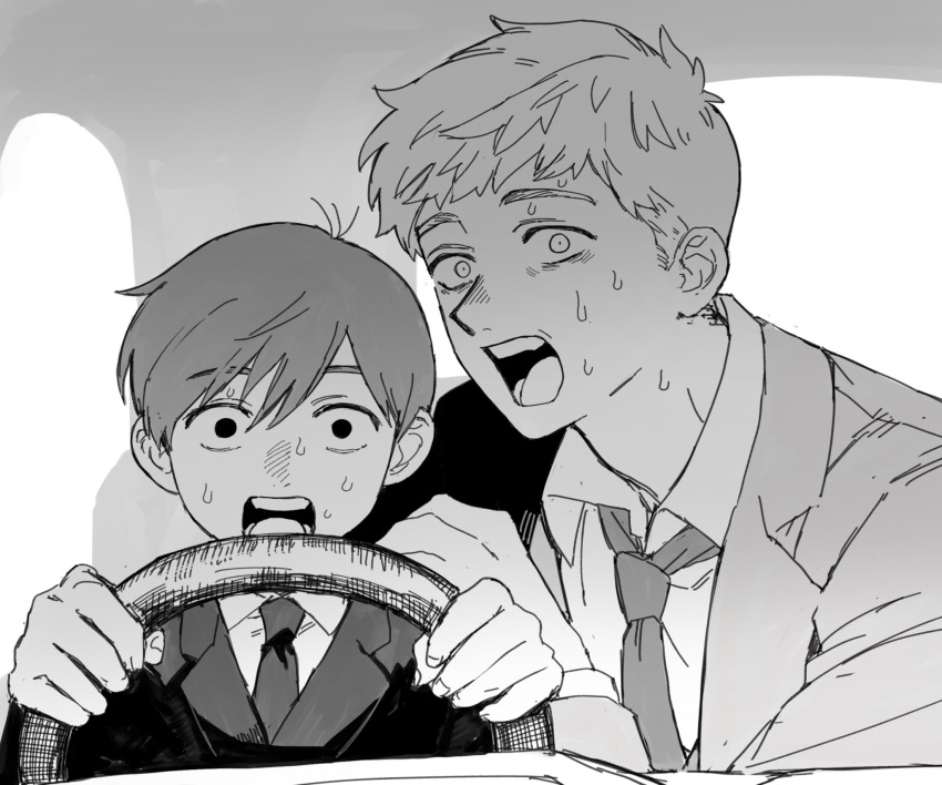 2boys chainsaw_man chilchuck_tims collared_shirt constricted_pupils driving dungeon_meshi greyscale hand_on_another's_shoulder highres jacket laios_touden looking_at_viewer male_focus meme monochrome multiple_boys necktie no_pupils open_mouth power_crashes_kobeni's_car_(meme) scene_reference shirt short_hair steering_wheel suit sweat upper_body wide-eyed zarame_pfpf